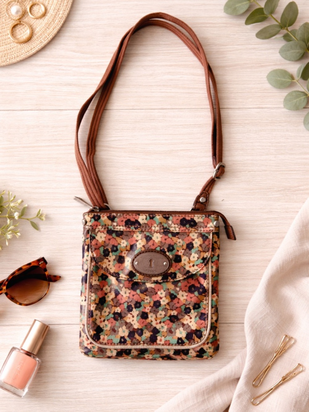 Fossil Floral Coated Canvas Crossbody Bag Small Boho Adjustable Strap - Picture 7 of 10